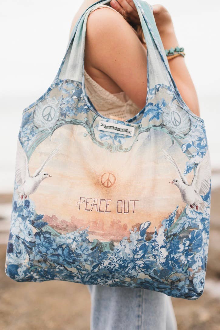 Peace Out Turquoise Linen Tote Bag with Doves and Sunrise