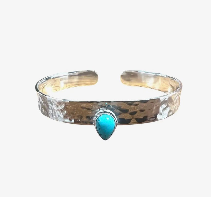 Sterling Silver Hammered Moonstone Bangle - India