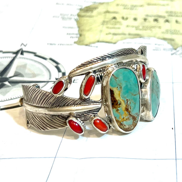 Sterling Silver Feather Cuff with Tibitan Turquoise & Coral - Thailand