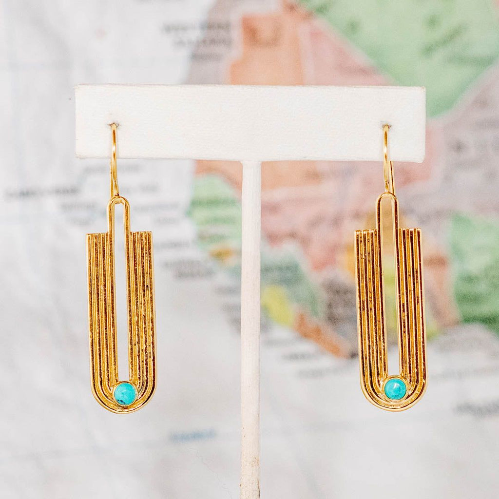 Brass Deco Turquoise Wave Earring - India