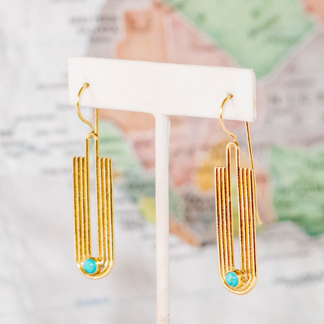 Brass Deco Turquoise Wave Earring - India