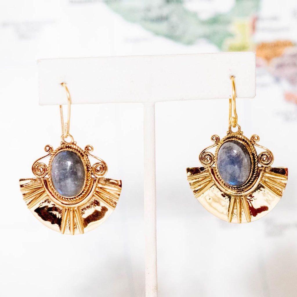 Brass Decorated Labradorite Earrings - India