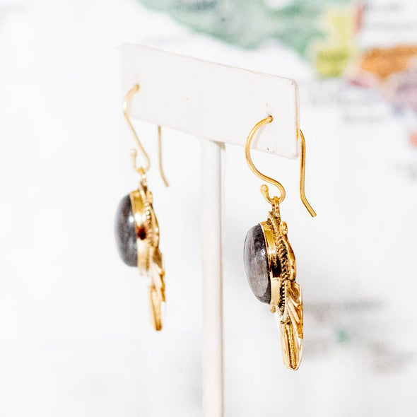Brass Decorated Labradorite Earrings - India