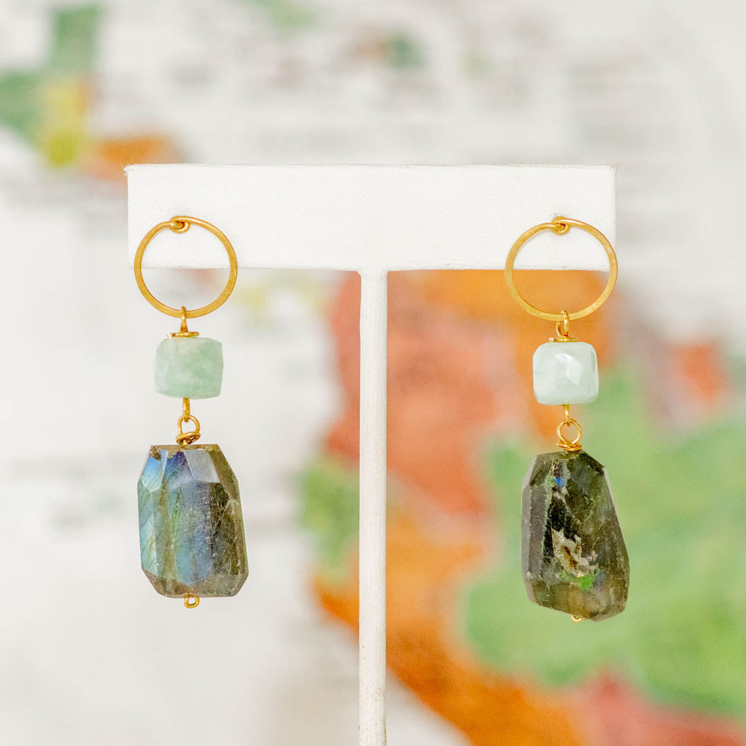 Brass Double Stone Stud Dangle Earring - Thailand