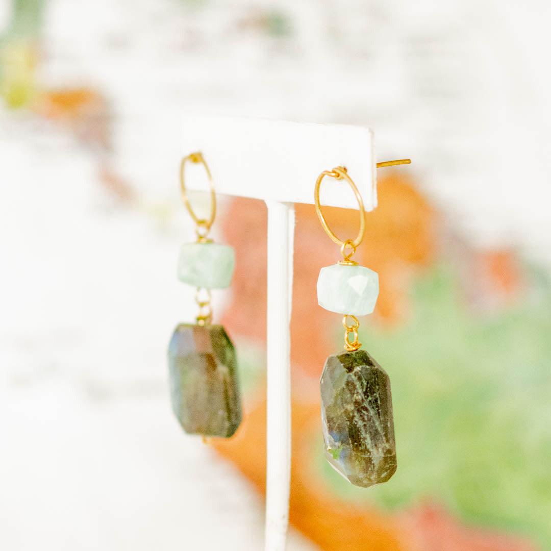 Brass Double Stone Stud Dangle Earring - Thailand