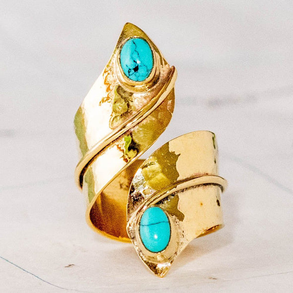 Brass Hammered Wrap Ring with Turquoise- India