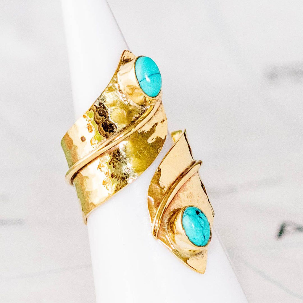 Brass Hammered Wrap Ring with Turquoise- India