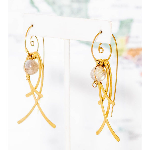 Brass Stone Drop Confetti Earring, Labradorite - Thailand