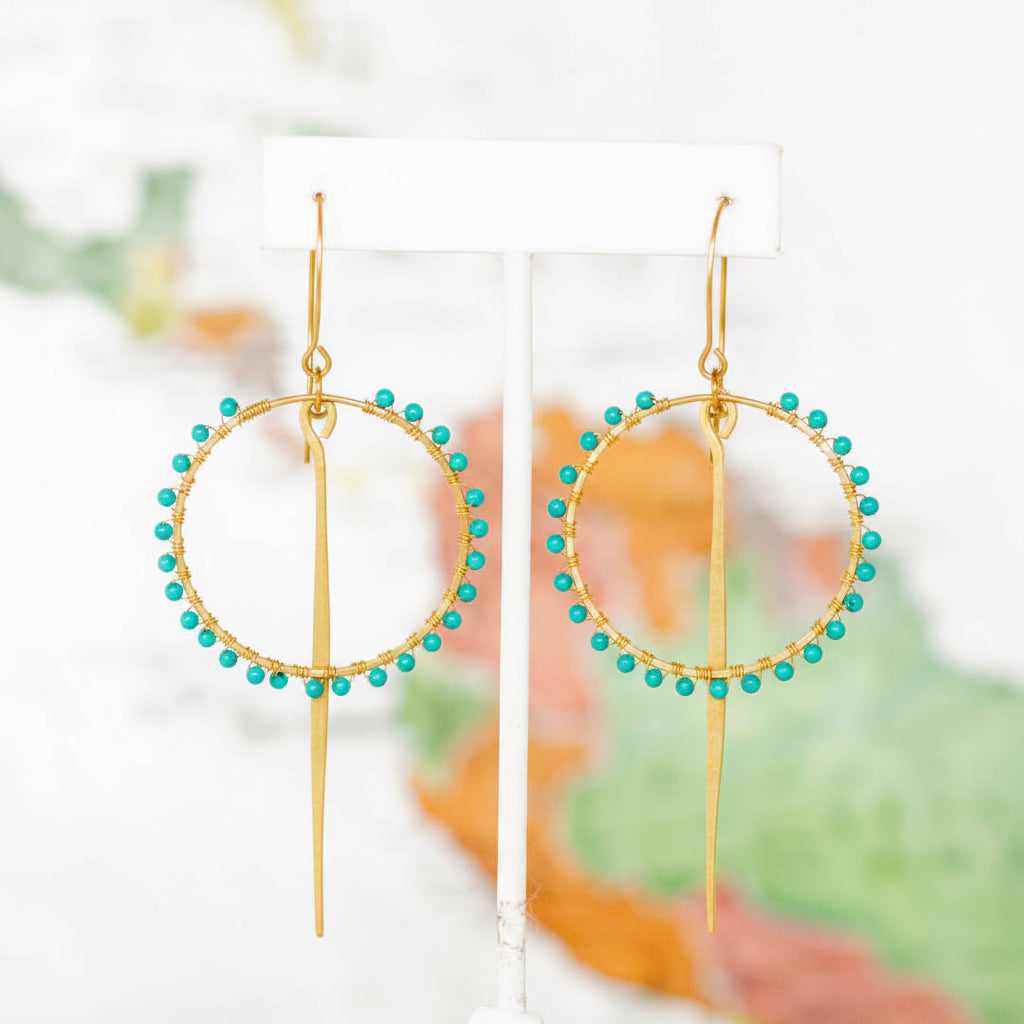 Brass Stone Hoop and Drop Point Earring, Turquoise - Thailand