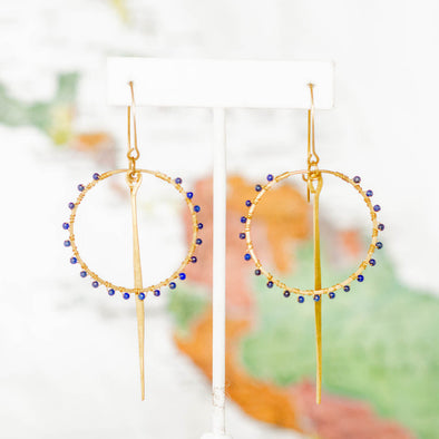 Brass Stone Hoop and Drop Point Earring, Lapis - Thailand
