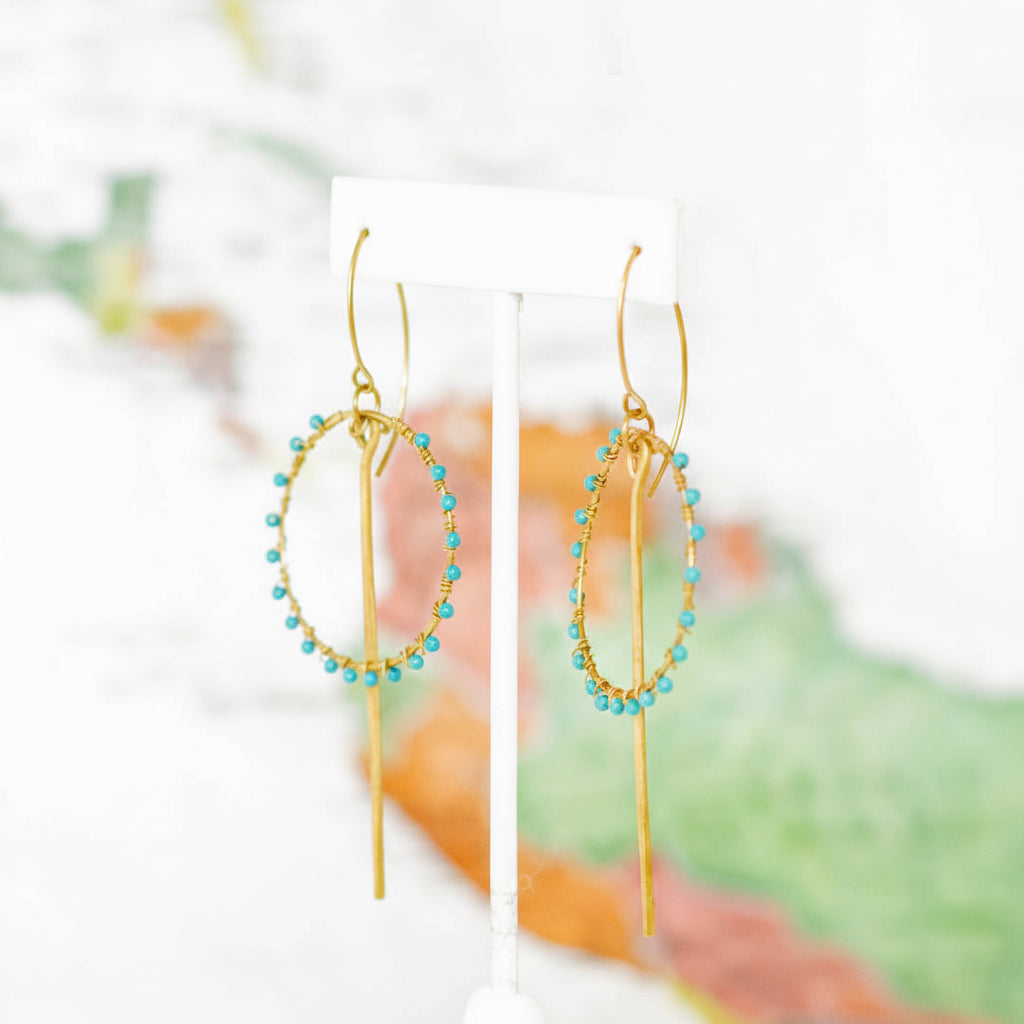 Brass Stone Hoop and Drop Point Earring, Turquoise - Thailand