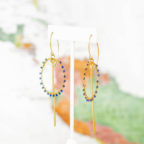 Brass Stone Hoop and Drop Point Earring, Lapis - Thailand
