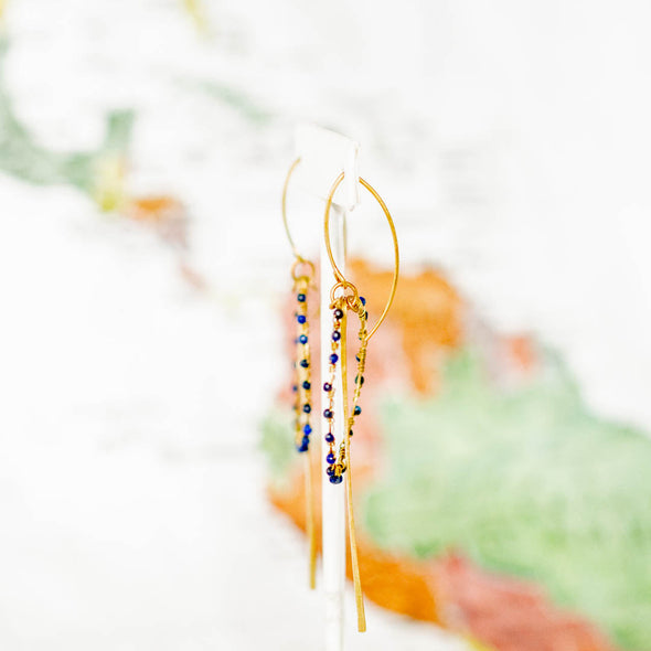 Brass Stone Hoop and Drop Point Earring, Lapis - Thailand