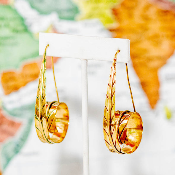 Large spiral engraved brass leaf earrings