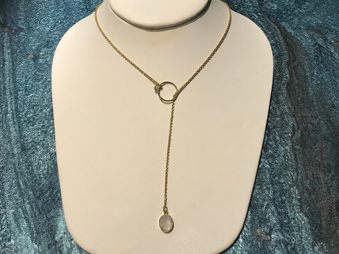 Brass lariat necklace with cut moonstone