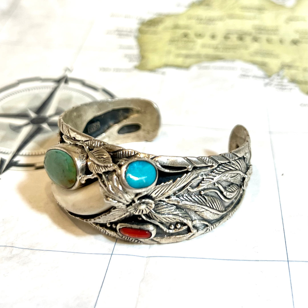 Sterling Silver Tibetan Turquoise, Bone and Coral Cuff - Thailand