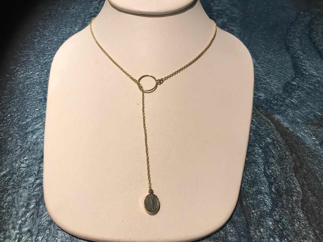 Brass lariat necklace with cut labradorite stone