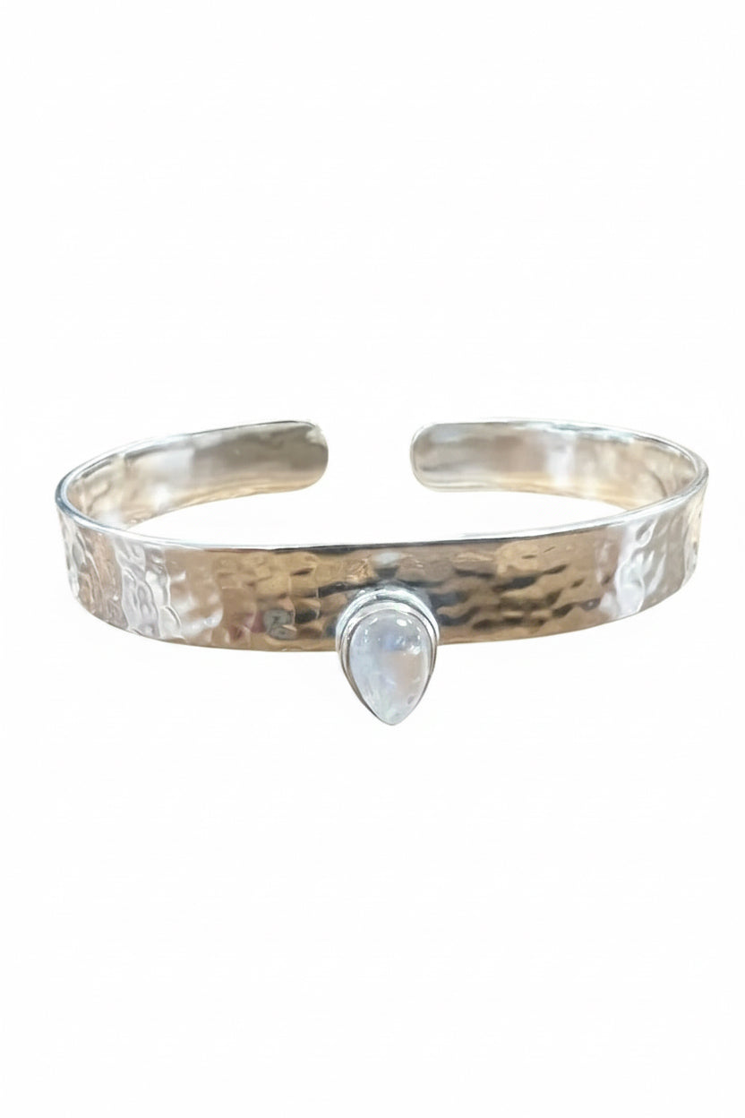 Sterling Silver Hammered Moonstone Bangle - India