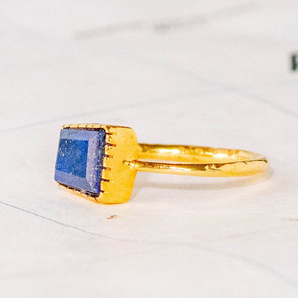 Gold Plated Block Lapis Stone Ring - India