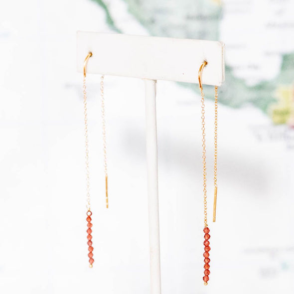 Gold Plated Thread Through Earrings, Ruby - India