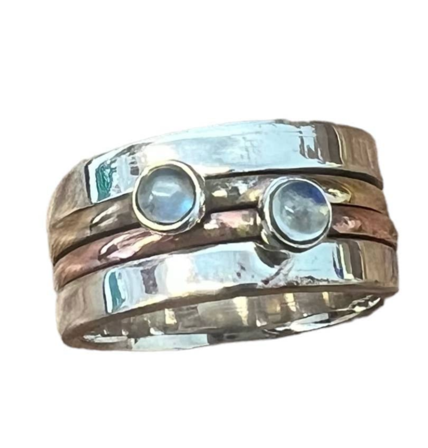 Double Moonstone Sterling Silver Spinner Ring - India