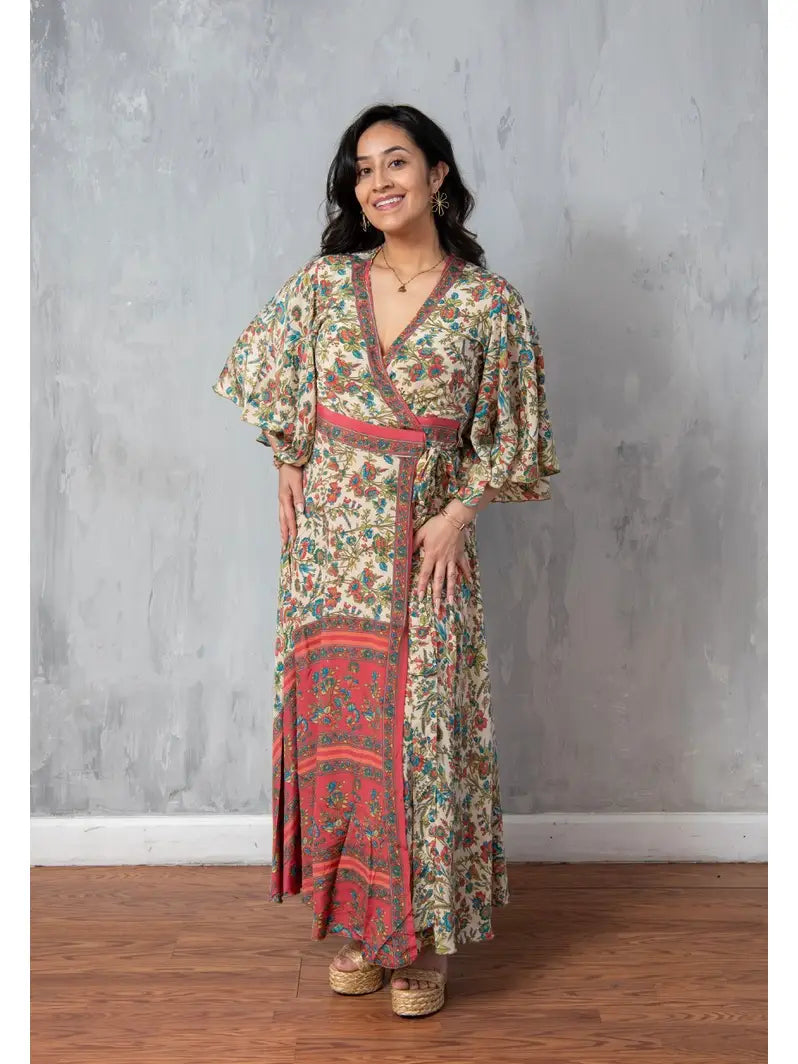Sari Flutter Sleeve Wrap Dress - India
