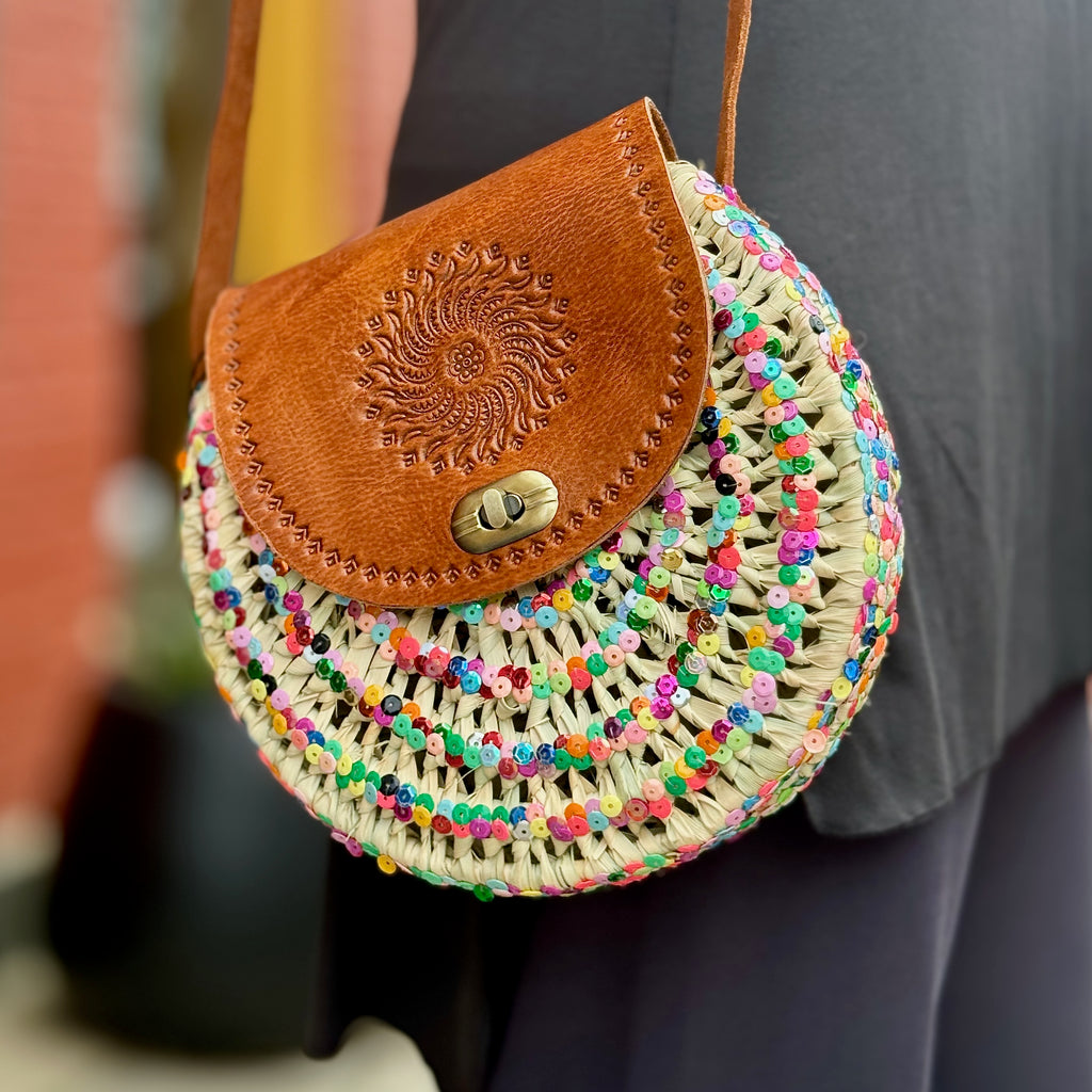 Round straw bag with colorful sequins, crossbody bag - Morocco