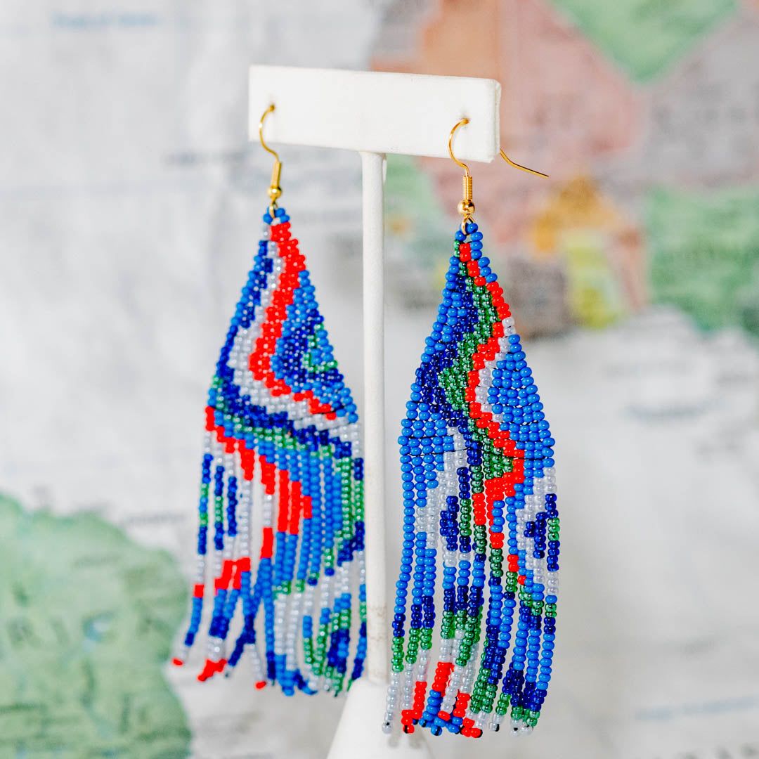 Psychedelic Fringe Earrings, Blue Pop - Guatemala