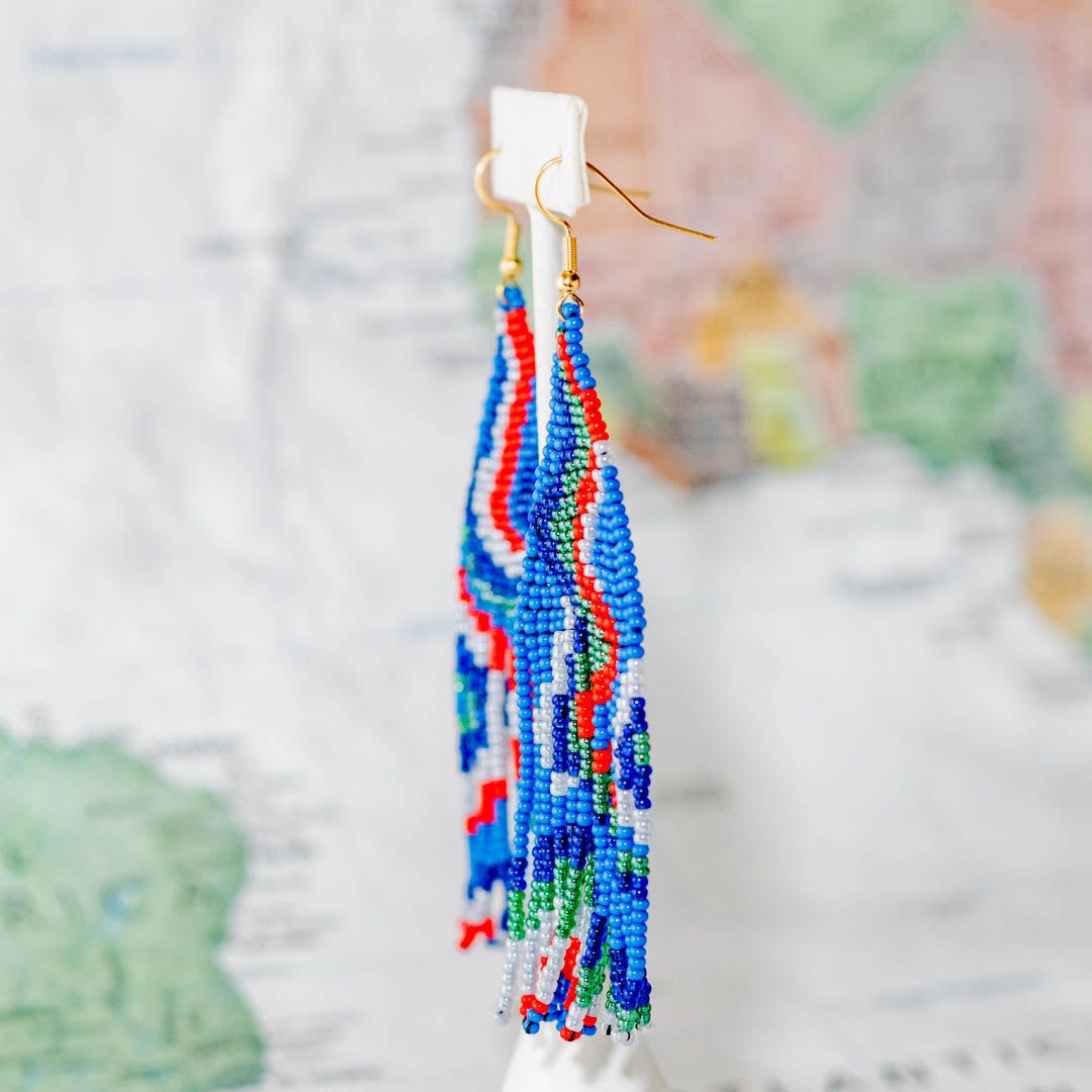 Psychedelic Fringe Earrings, Blue Pop - Guatemala