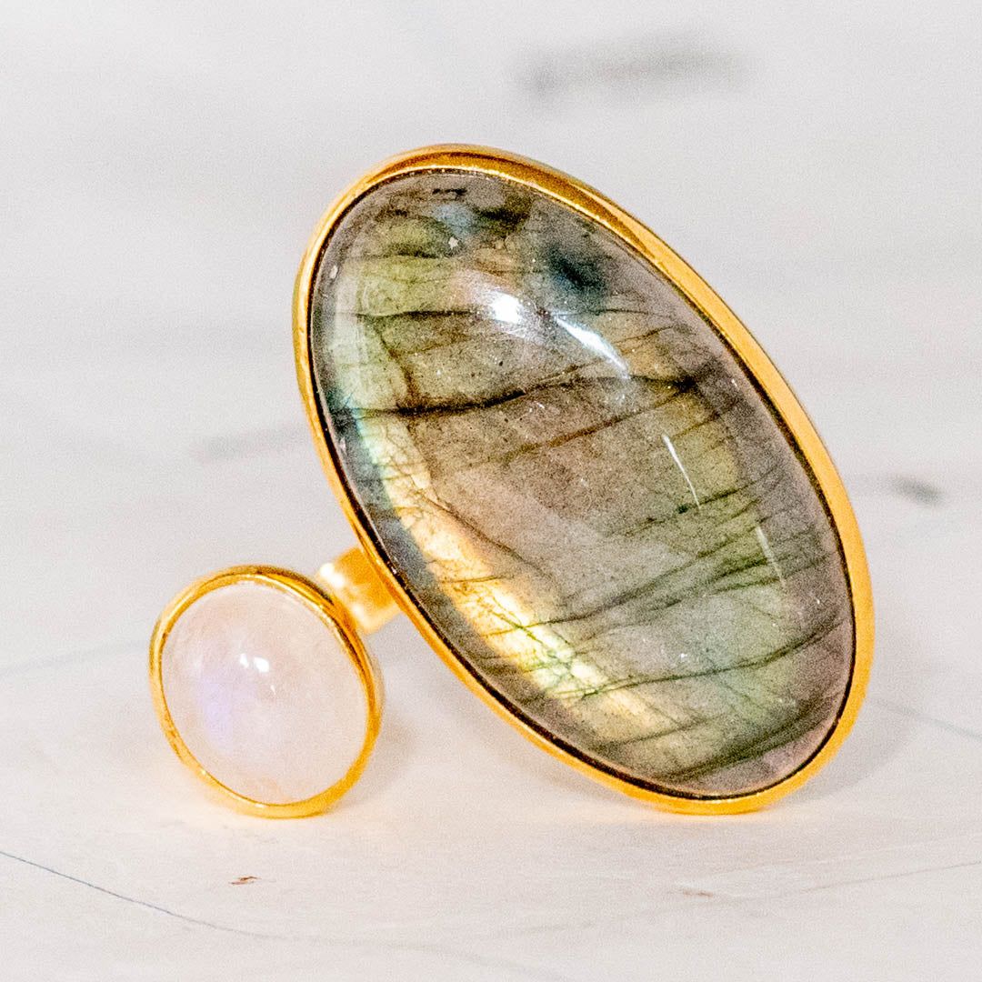 Rhodium Gold Plated Labradorite & Moonstone Ring