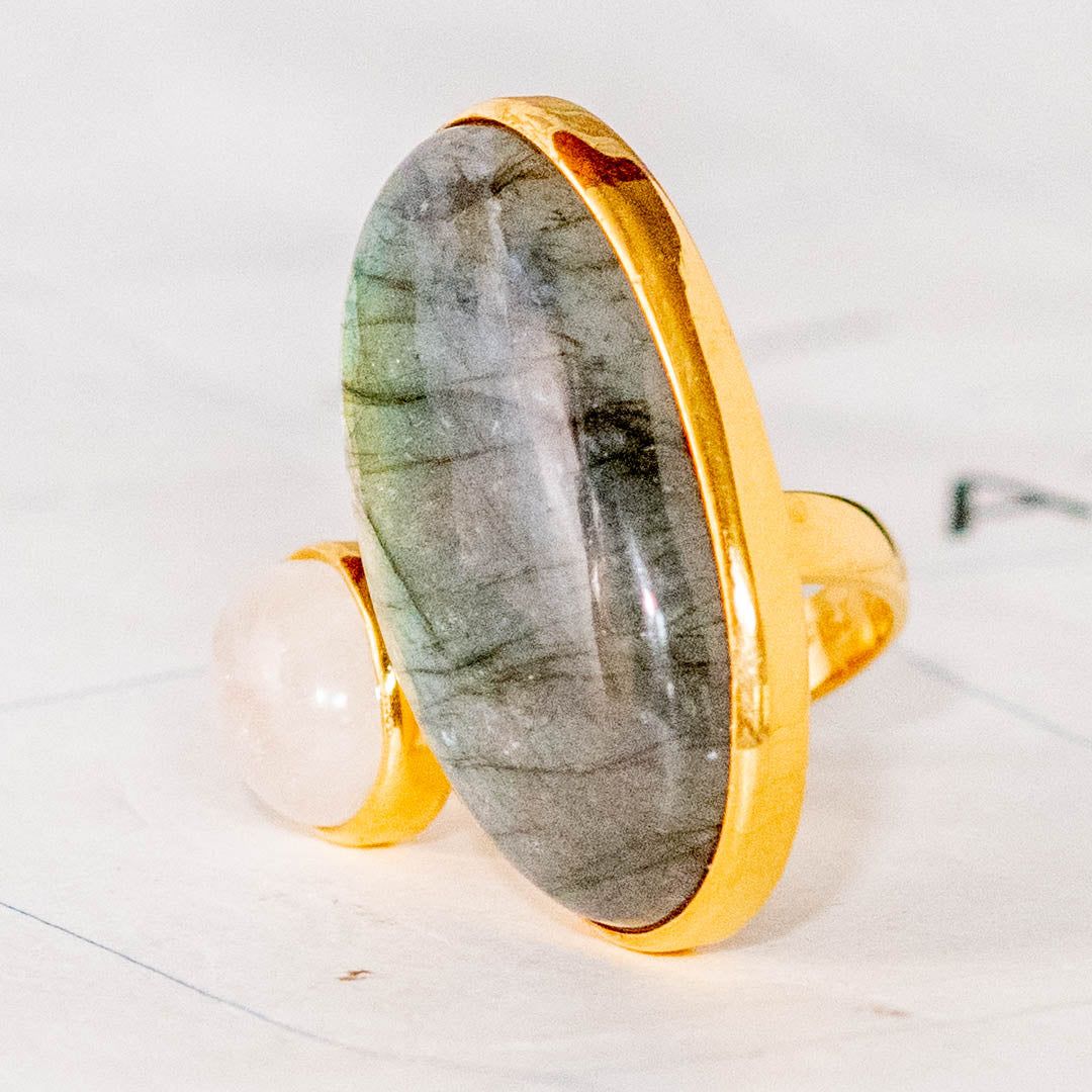 Rhodium Gold Plated Labradorite & Moonstone Ring