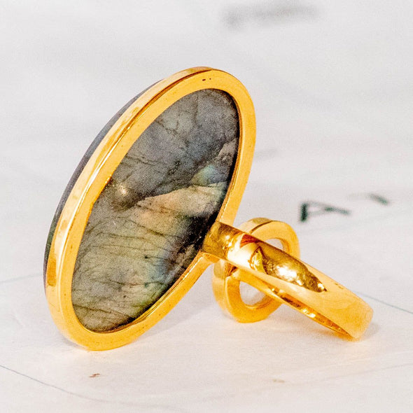 Rhodium Gold Plated Labradorite & Moonstone Ring