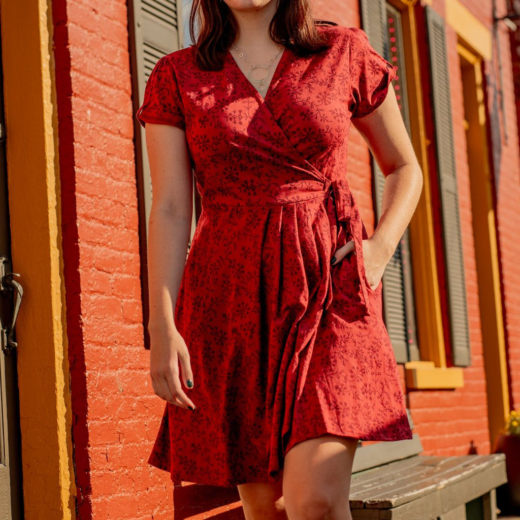Ruby Bloom Red Floral Organic Cotton Wrap Dress - India