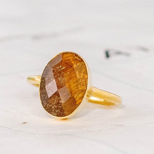 Simple Faceted Tiger Eye Brass Cocktail Ring- Rajasthan, India