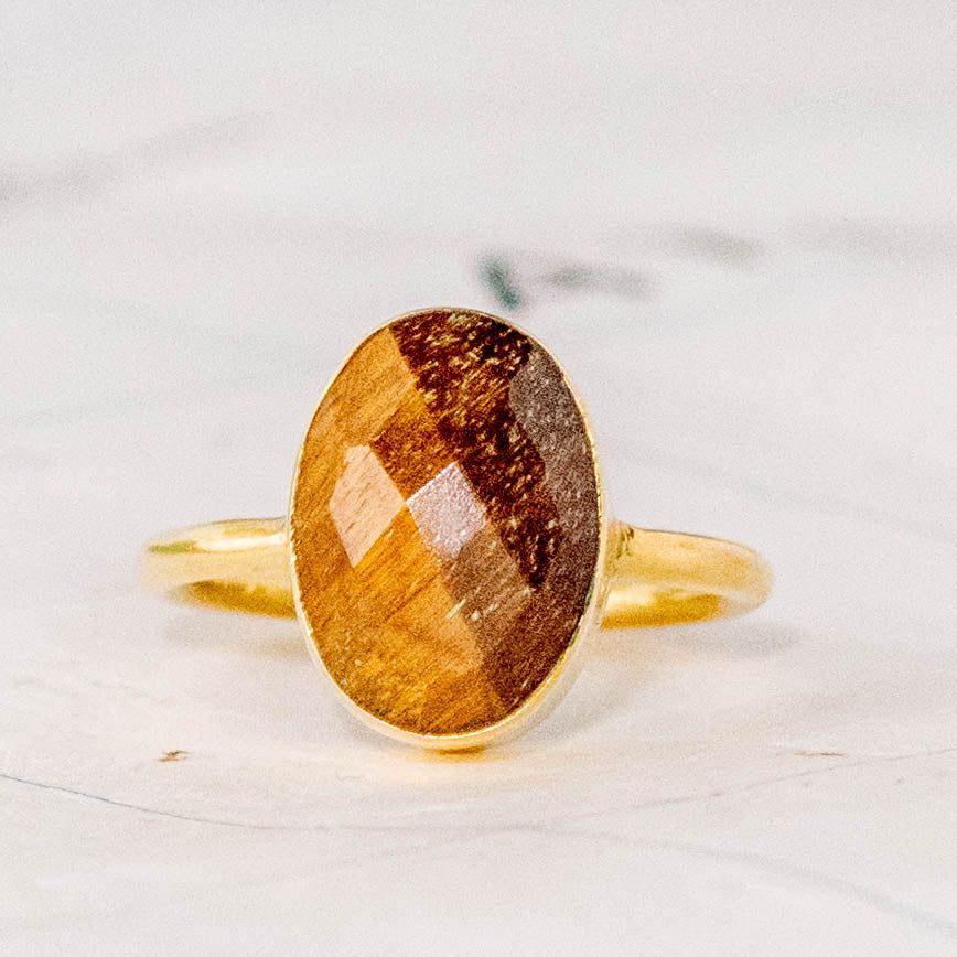 Simple Faceted Tiger Eye Brass Cocktail Ring- Rajasthan, India