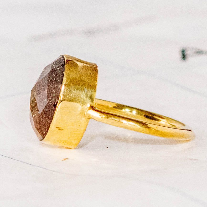 Simple Faceted Tiger Eye Brass Cocktail Ring- Rajasthan, India