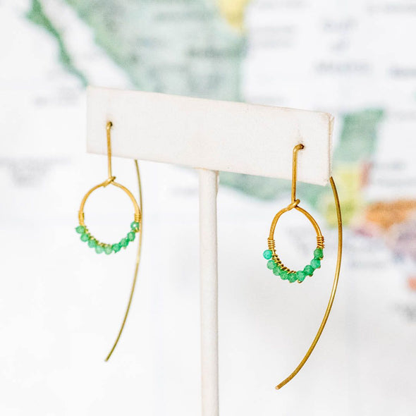 Small Brass Hoop Drop Earring, Emerald - Thailand