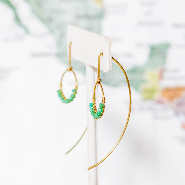 Small Brass Hoop Drop Earring, Emerald - Thailand