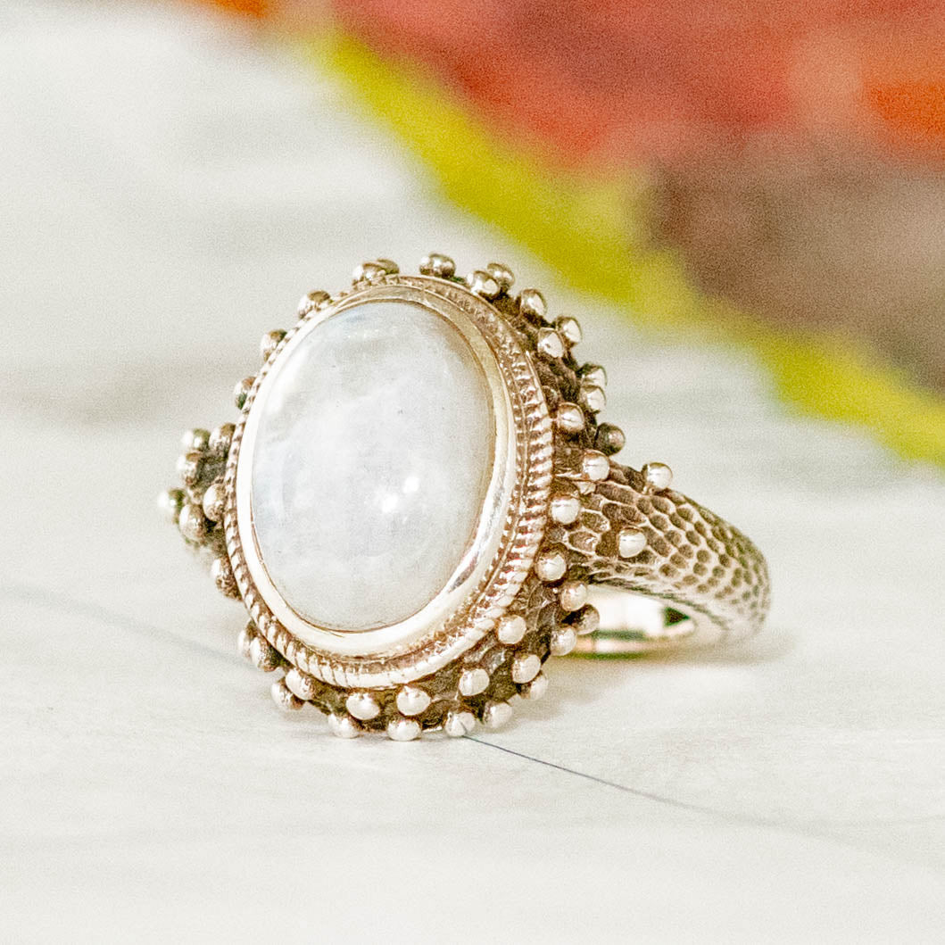 Sterling Silver Decorated Full Moonstone Ring - Rajasthan, India