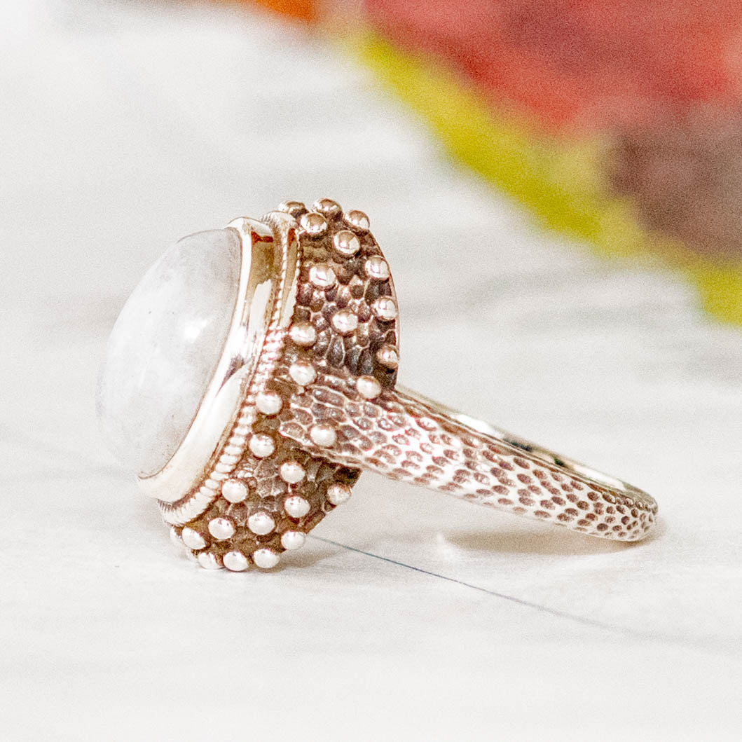 Sterling Silver Decorated Full Moonstone Ring - Rajasthan, India