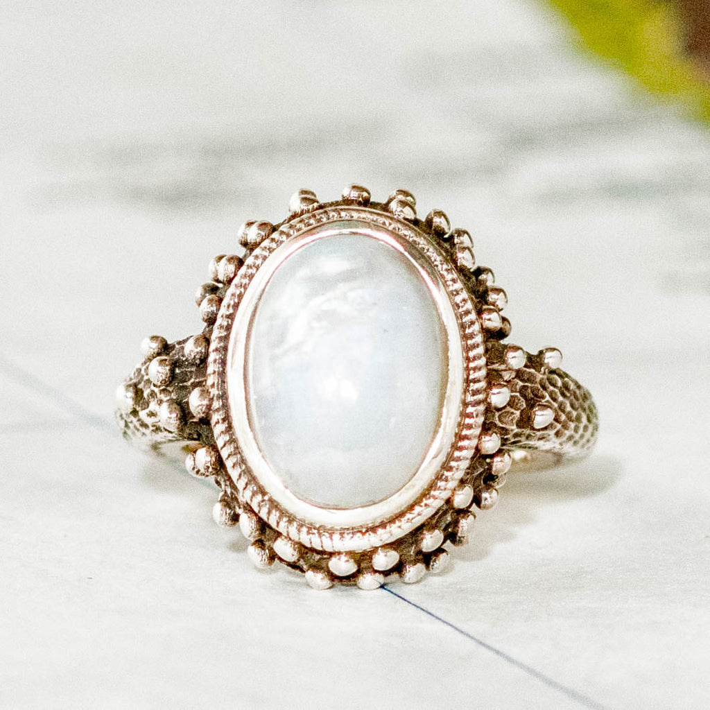 Sterling Silver Decorated Full Moonstone Ring - Rajasthan, India