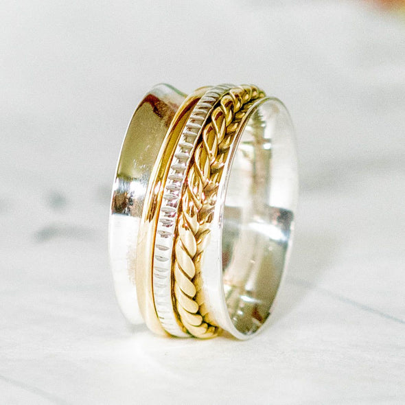 Sterling Silver Mixed Band Meditation Spinner Ring - India