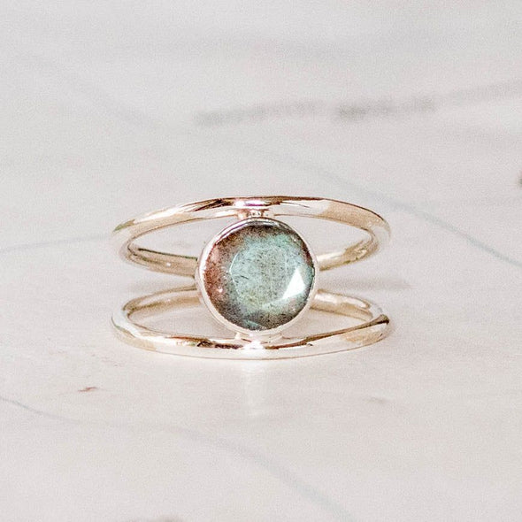 Sterling Silver Open Band Stone Ring: Moonstone, Labradorite