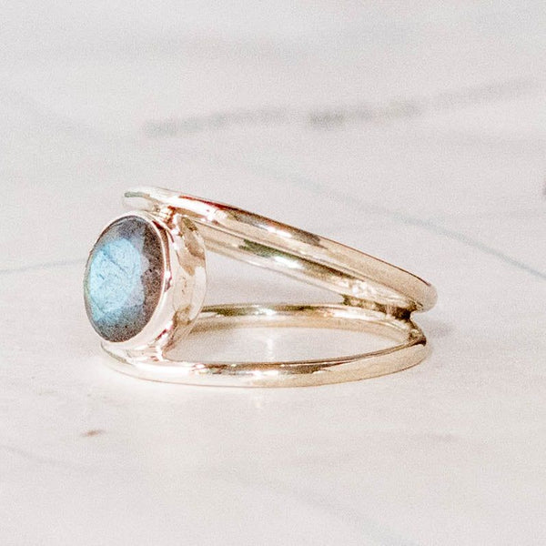 Sterling Silver Open Band Stone Ring: Moonstone, Labradorite