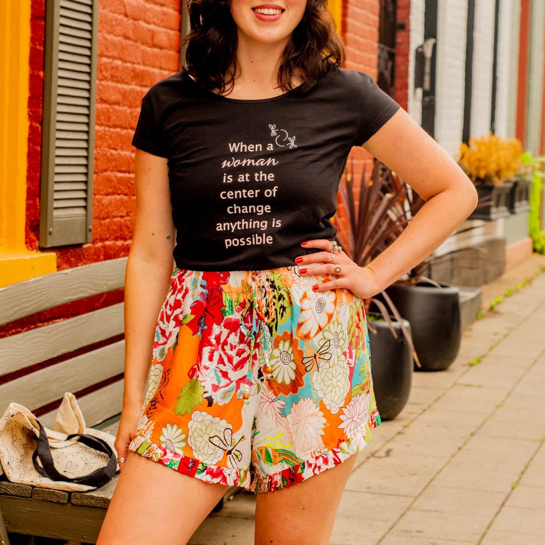 "When a Woman is at the Center of Change” Black Cotton Scoop Neck T-shirt