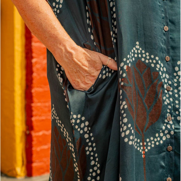 Women's Kaftan Dress Green Block Print Luxurious, Heera - India