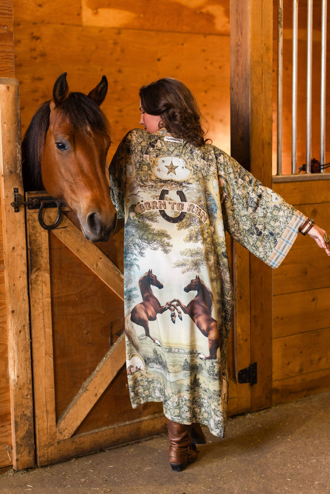 Born to Run Opera Duster Kimono Robe w/ Horse & Flower Print - Canada