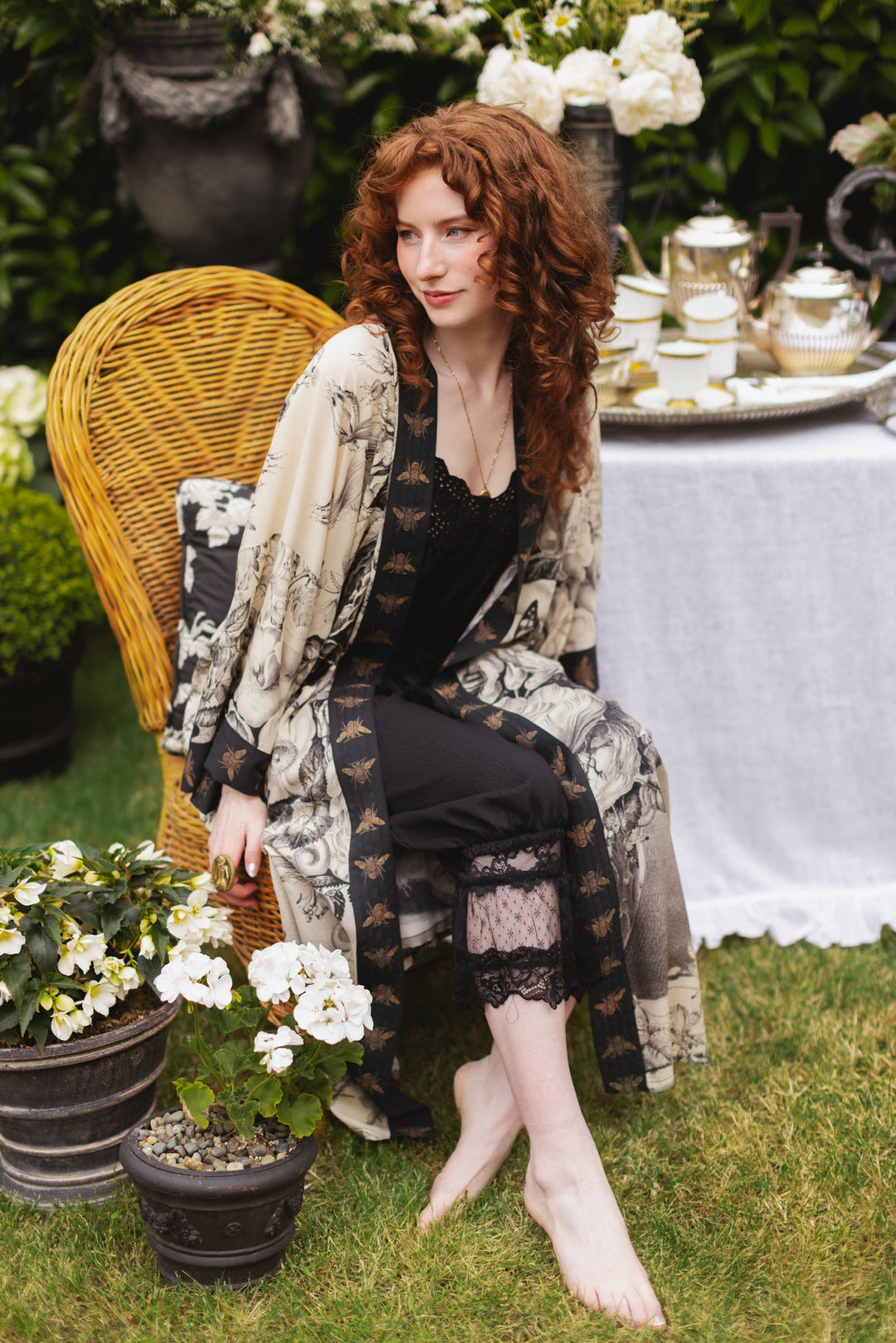 Honey & The Moon Opera Duster Kimono Robe w/ Florals & Bees