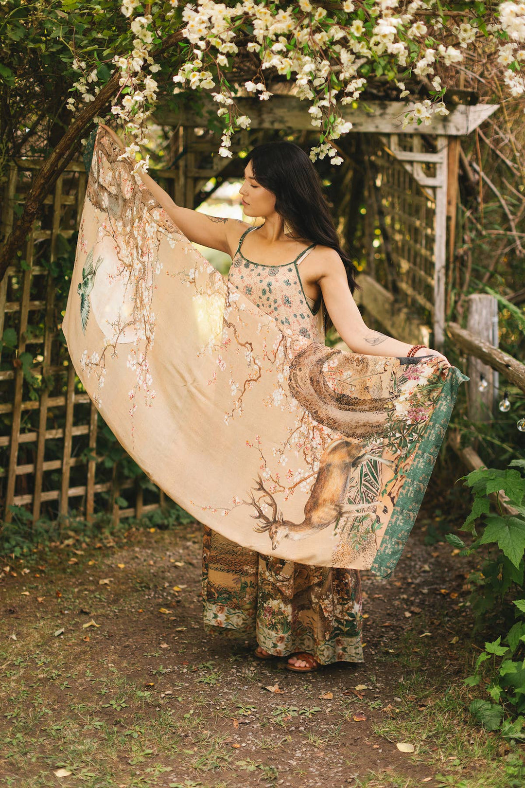 Fable Bohemian Floral Scarf with Deer & Moon Print