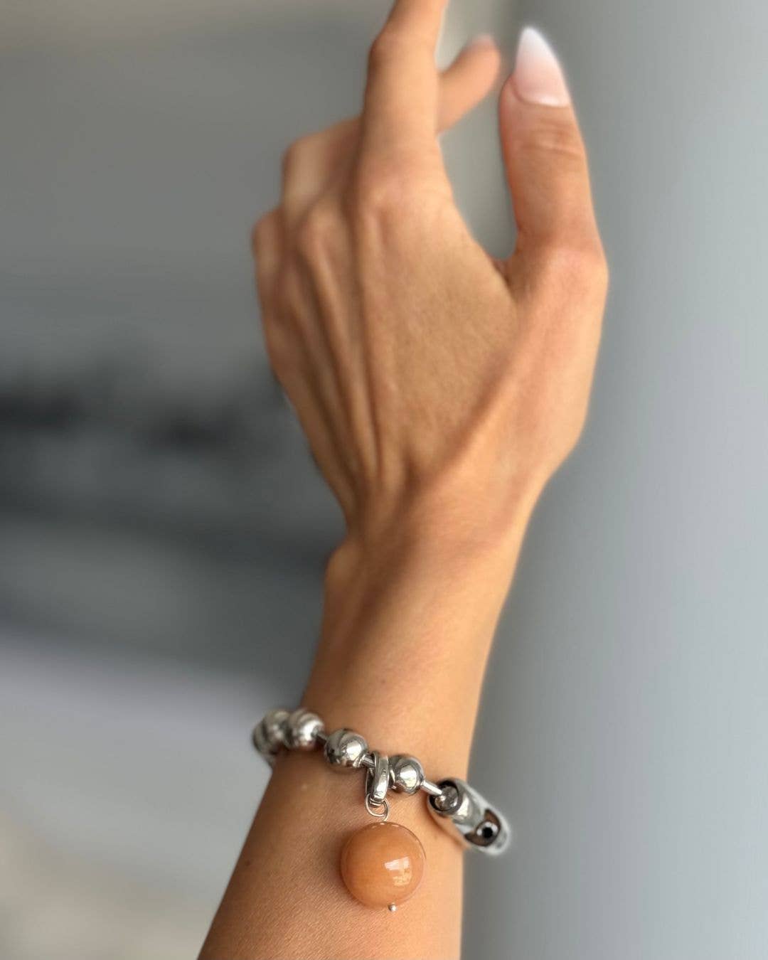 Silver Stainless Steel and 20mm Peach Aventurine Bracelet